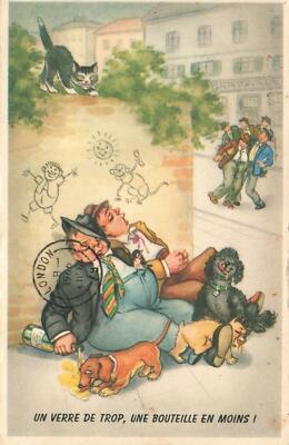 1966 COMIC FRENCH DRUNKS DOGS & CATS LOUNGING AROUND the STREET POSTCARD Bexley