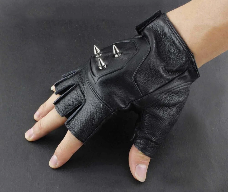 Punk Rocker Party Driving Motorcycle Rivet Real Leather Fingerless Men Gloves - Image 2 of 4