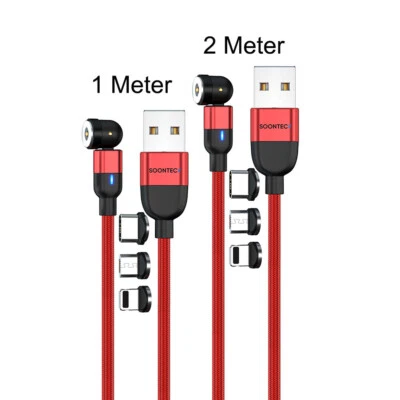 2er Set (2+1 Meter) Magnetladekabel Datenkabel Micro USB/USB-C/Light... 2,4A rot - Bild 1 von 4