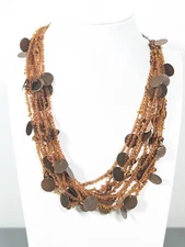 Beachy Coastal Brown Copper Color Round Disc Charm Multi Cord Bead Necklace 19"