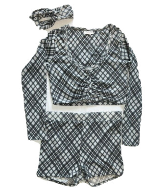 Colsie Womens Ultra Soft 3 Piece Pajama Set Top Shorts Hair M Gray Plaid NWT
