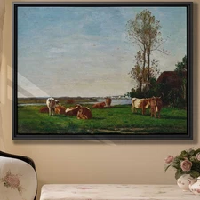 Rural Landscape Oil Painting Canvas Print Rustic Cow Wall Art Vintage Decor