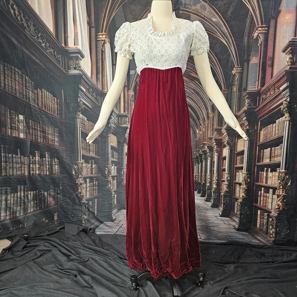 Vintage 1970s Dress Burgundy Red Velvet Maxi Floor Length White Lace Top - Image 3 of 4