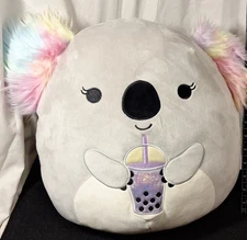 Squishmallow 14” Doxana Koala Holding Boba Tea Drink With Fluffy Rainbow Ears