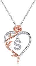 Rose Heart Initial Necklaces Gifts for Women Teen Girls, Rose Love Heart Letter