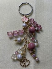 Handcrafted Key Chain / Purse Dangle pink heart love double hearts, bling