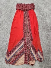 Socialite Maxi Dress Womens L Red Floral Geometric Strapless High Slit Boho