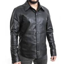 Men's Genuine Lambskin Leather Black Shirt Slim Fit Long Sleeves Casual Shirt