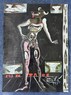 salvador dali drawing and painting on old paper signed stamped vintage