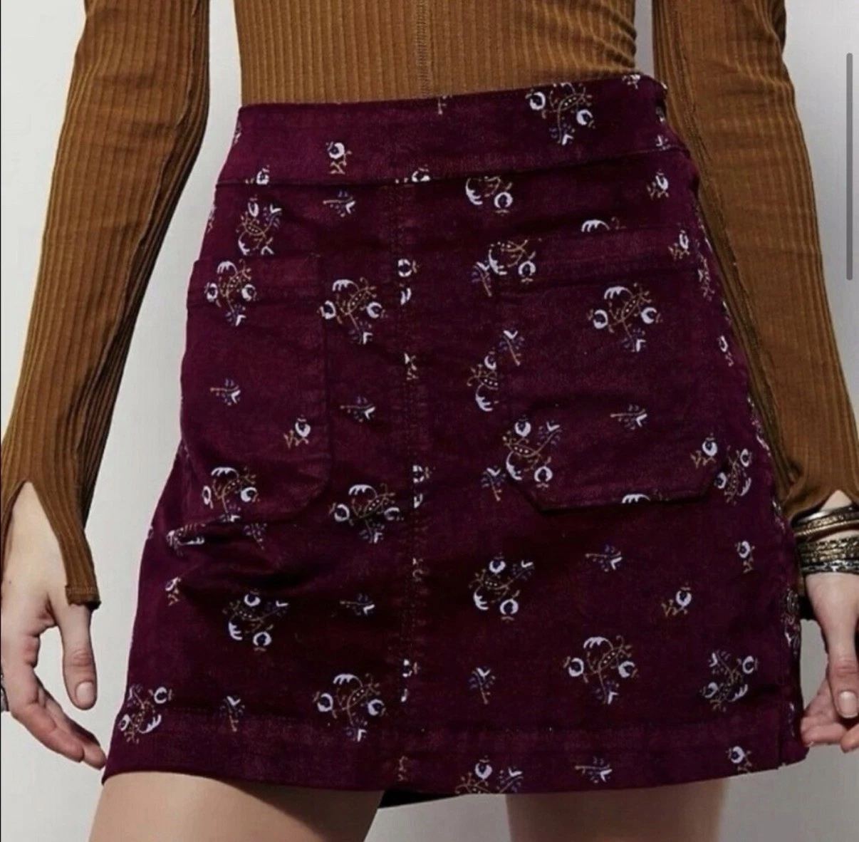 Free People Good Times Maroon Velvet Boho Fairy Winter Floral Mini Skirt Size 4