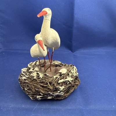Handcrafted Handpainted Stork Family Bird In A Nest Display Figurine Decor