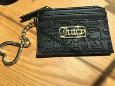 Juicy Couture Card / Coin Wallet Gold Logo Heart Keychain Black Faux Leather New