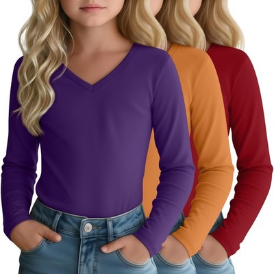 3 Pack Girls Long Sleeve T-Shirts 5-14 Years Undershirts V Neck Base Layer Ba...