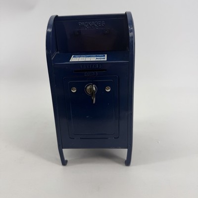 Vintage 8'' US Mail Blue Metal Mailbox Coin Bank USPS Post Office with Key