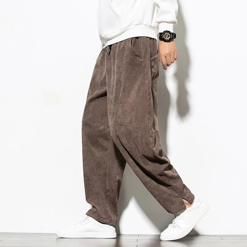 Men Corduroy Pants Baggy Trousers Wide Leg Elastic Waist