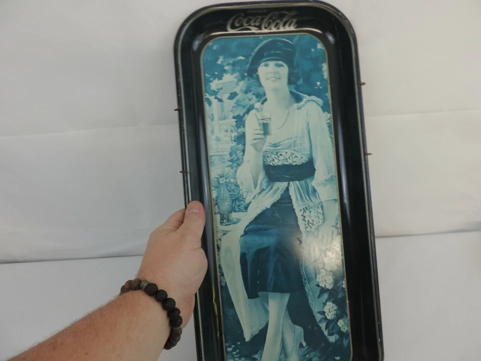 73 Coke Tray Coca Cola Vintage Tin Rolling Serving Long Woman Glass Blue Hat   - Image 4 of 4
