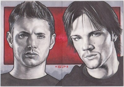 SUPERNATURAL ORIGINAL ART HAND DRAWN 2 PANEL PUZZLE SKETCH CARDS BY SEAN PENCE