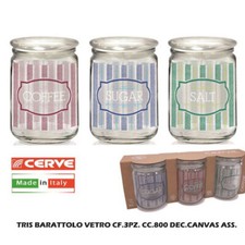 CERVE Set 3 Tris Barattoli da Cucina in Vetro Canvas Tappo Vetro 800 cc