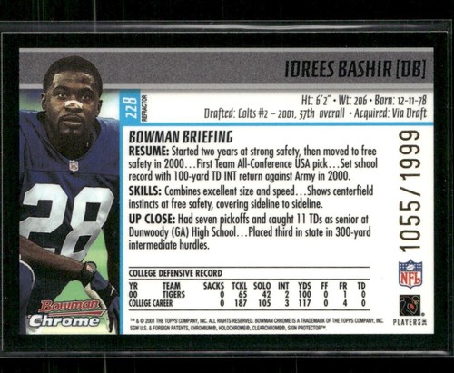 2001 Bowman Chrome Refractor #228 Idrees Bashir RC Colts 1055/1999 - Picture 2 of 2