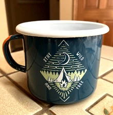 STAY WILD AND FREE METAL ENAMELWARE TEAL COFFEE CUP CAMPING  RV MUG MONTANA