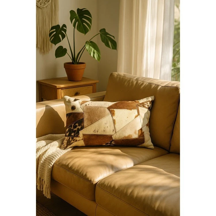 Lumbar Patchwork Cowhide Leather Cushion - Rustic Luxe - Image 4 of 4