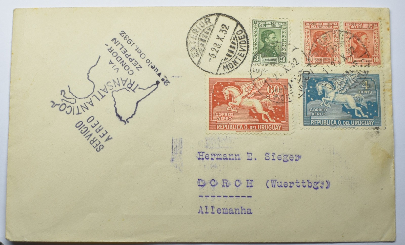 1932 Montevideo Uruguay Graf Zeppelin LZ127 cover to Lorch Germany to H.Sieger