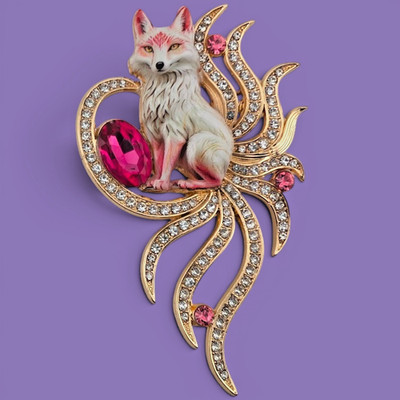 INARI BROOCH Japan 9 Tailed Nine Tail Fox Yokai Rhinestone Crystal Kami Pin D3