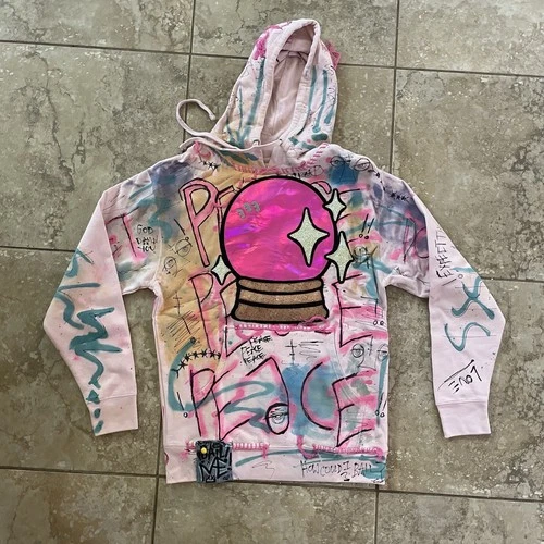 Custom Hand Painted Graffiti Hoodie Mens Medium Pink Crystal Ball Streetwear - product listing photo