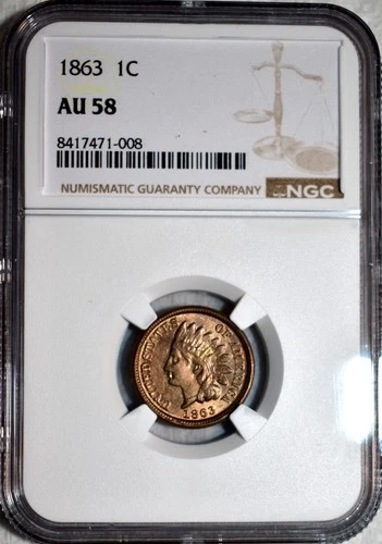NGC AU-58 1863 Indian Head Cent, Beautiful, Golden Blazer, Looks UNC!