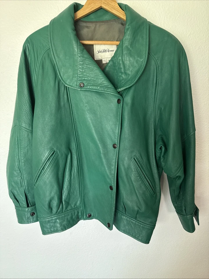 Women’s Vintage Leather Coat Laks Fifth Avenue Green Size S (fits Like Large) - Image 3 of 4