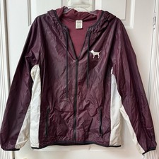 Victorias Secret Pink Dog Logo Burgundy Hooded Womens Windbreaker Jacket M/L