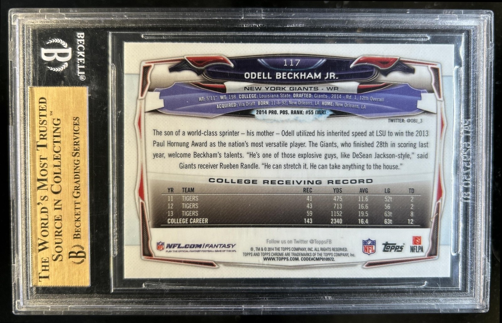 2014 Topps Chrome Odell Beckham Jr. RC Rookie #117 Giants BGS 9.5 GEM MINT view 2