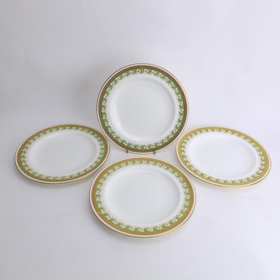 x6424 by Wedgwood Set of 4 Dessert Plates Green Gilt Floral Border Ovington Bros