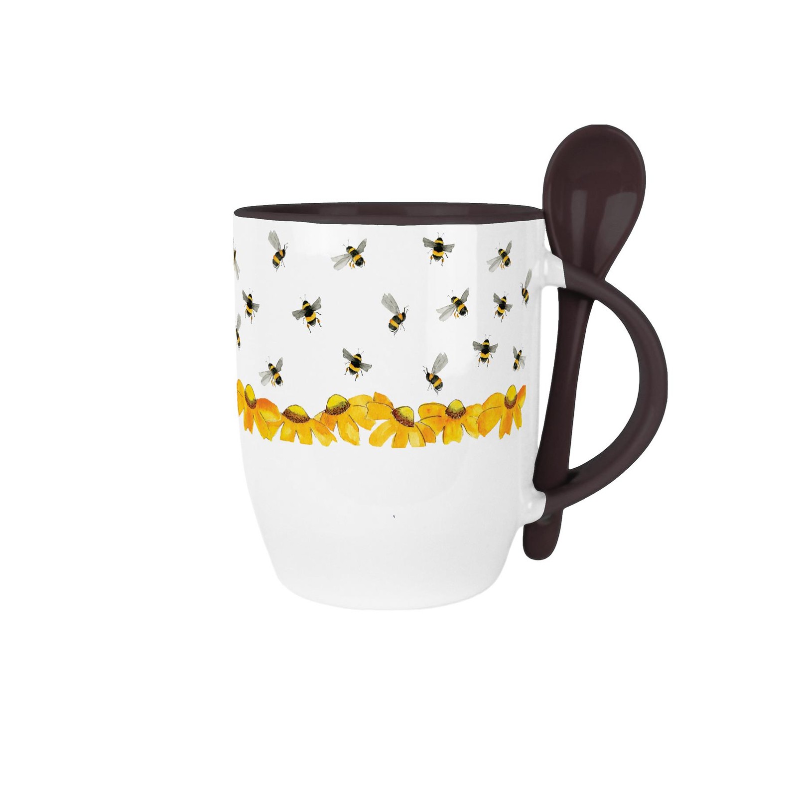 Bumblebees Mug & Spoon Set - 300ml Black Floral Ceramic Tea/Coffee Cup Gift