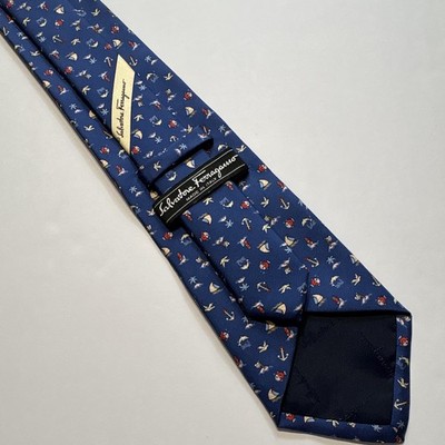 Salvatore Ferragamo Men's Silk Woven Nautical Novelty Blue/Red Tie w/ Logo Italy