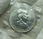 1957 Franklin Half Dollar Proof - BU Condition In Mint Cellophane I336
