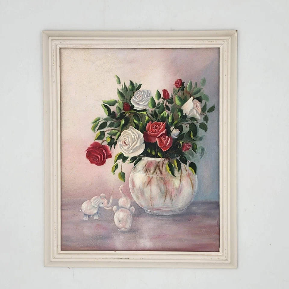 Pintura al óleo original de mediados de siglo bodegón floral rosas rojas arte enmarcado firmado Foto 2 de 4