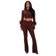 Fashion Nova Hannah Feather Sweater Knit Pant Set Size Small Stretch