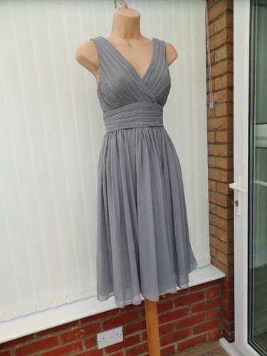 ELIZA J SILVER GREY SHEER PLEAT CHIFFON 50'S FLARE SCARF MIDI DRESS 10 £139 ONCE - Picture 5 of 14