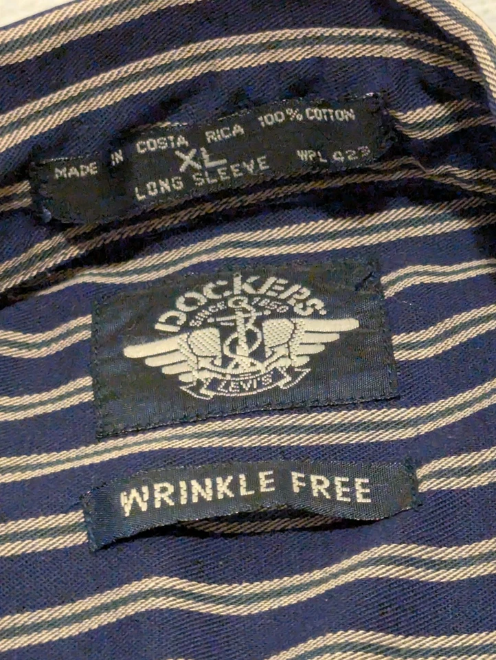 Dockers Button Shirt Men's XL Blue Striped Cotton Long Sleeve Wrinkle Free - Image 3 of 4