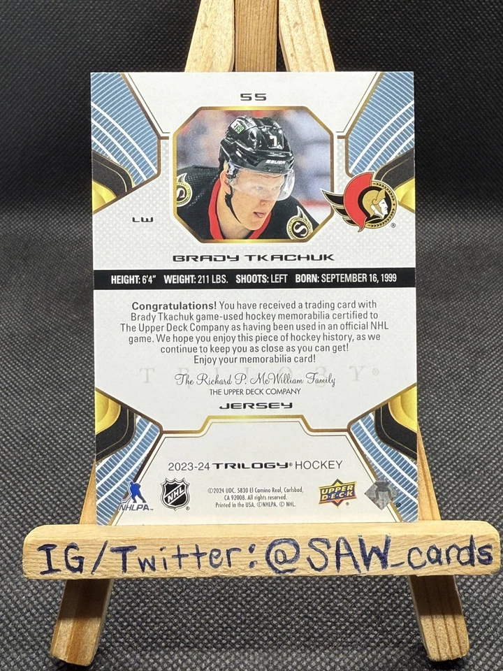 Brady Tkachuk 2023-24 Upper Deck Trilogy Ottawa Senators #55 Jersey - Image 2 of 2