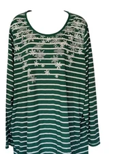 CJ Banks Top 3X Green White Striped Long Sleeve Snowflake Design