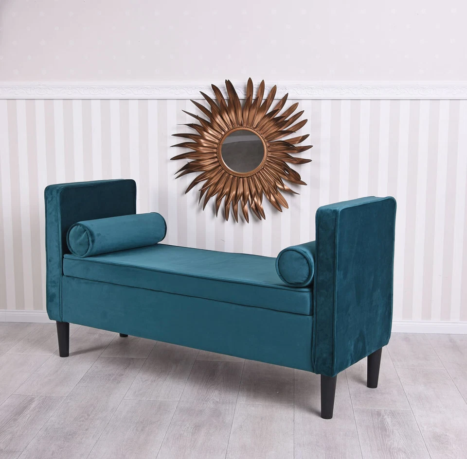 Truhenbank Sofabank Samtbank Hollywood Sitzbank & Kissen Samt Petrol Sitzhocker - Bild 2 von 4