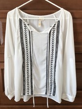 ADIVA semi Sheer white w/ black Lace Embroidered Top Shirt blouse L/S B296