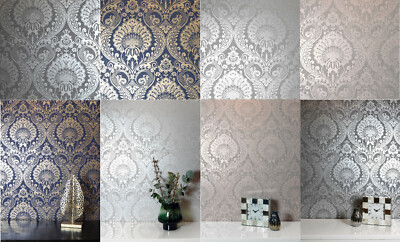 Arthouse Decoris Damast Tapeten in Silber, Marine Gold, Gunmetal Silber