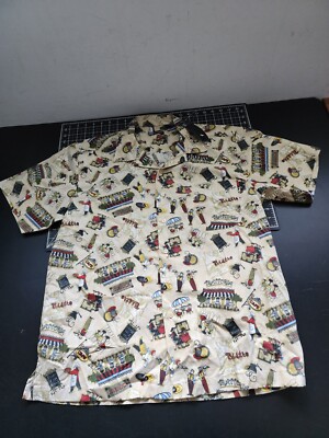Blue Generation Hawaiian Shirt Mens Size Medium Beige Button Up Bistro Print NWT