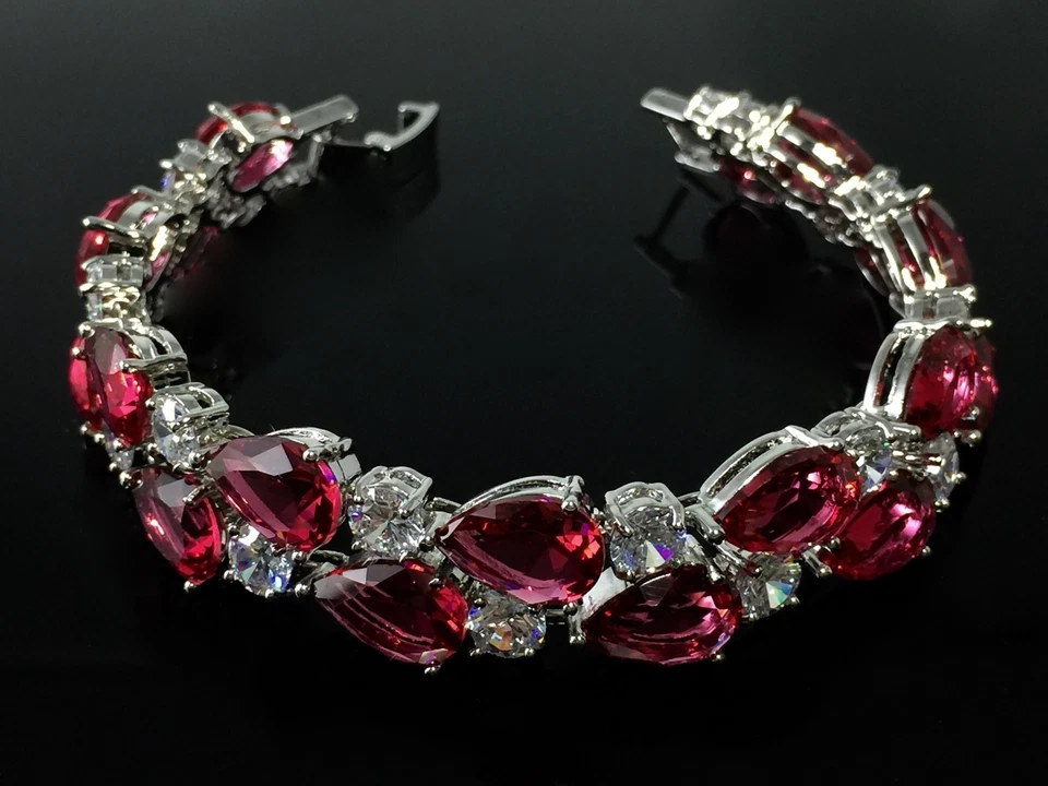 Brazalete Tenis Piedras Preciosas Granate Rojo Laboratorio Lleno Oro Blanco 18k Regalo San Valentín Foto 2 de 4