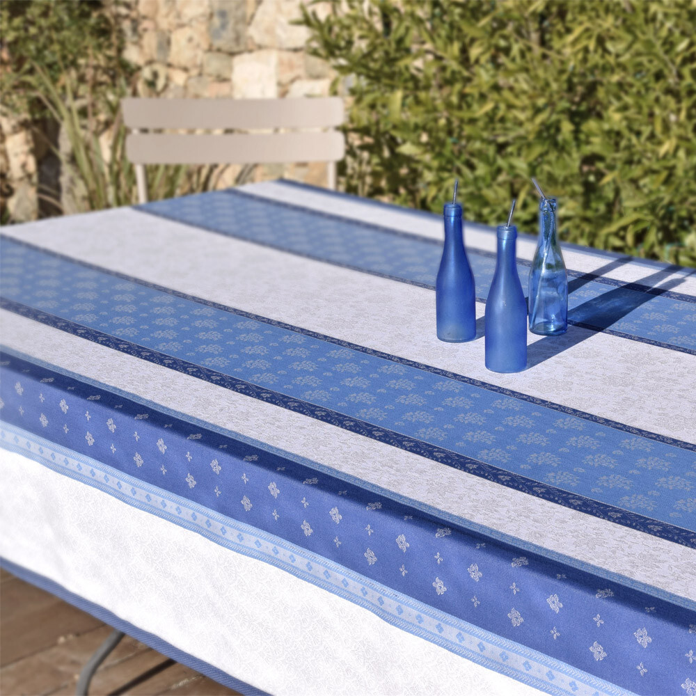 Nappe rectangle jacquard haut de gamme Fontvieille coton blanc bleu