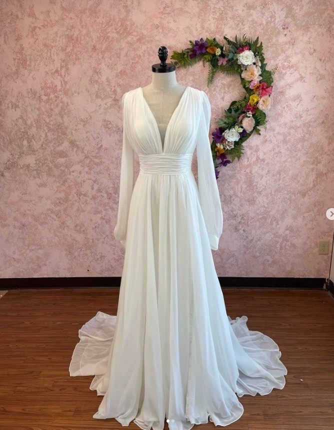 Simple Wedding Dresses Chiffon Long Sleeves V Neck A Line Bridal Gowns - Image 2 of 4