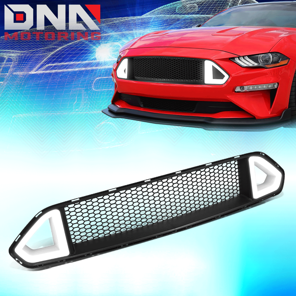 Epartsgogo Honeycomb Mesh Grille With Triangle LED DRL Lights For 2018-2020 Ford Mustang S550